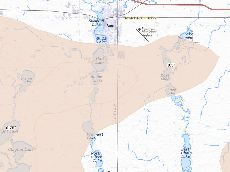 Radar-estimated hail-size map of the storm over Fairmont, MN on Aug 8, 2026