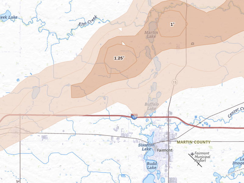 Radar-estimated hail-size map of the storm over Fairmont, MN on Sep 1, 2026