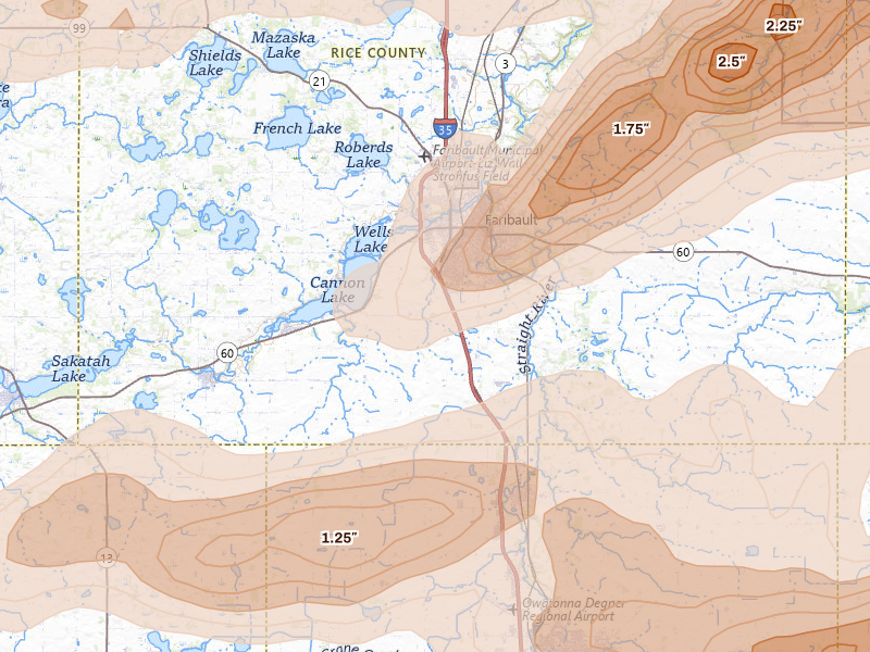 Radar-estimated hail-size map of the storm over Faribault, MN on Apr 13, 2026