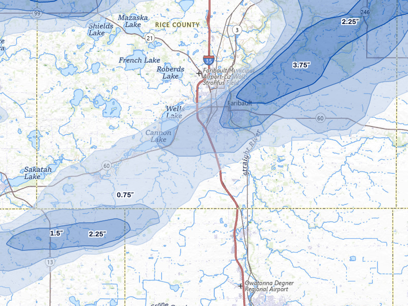 NEXRAD radar-signature map of the hail storm over Faribault, MN on Apr 13, 2026