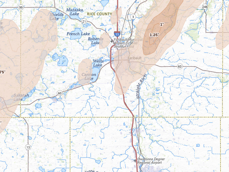 Radar-estimated hail-size map of the storm over Faribault, MN on Apr 17, 2026