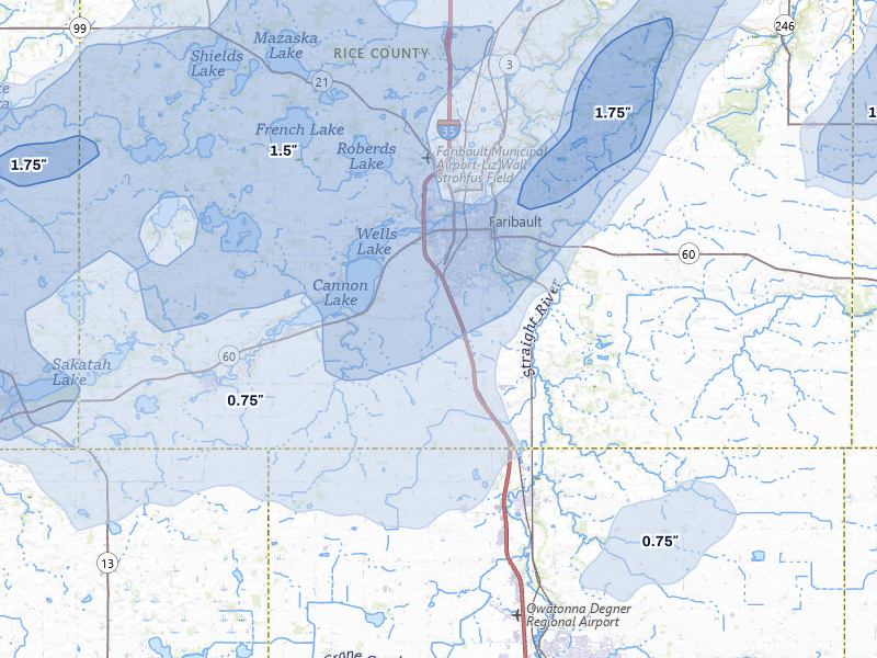 NEXRAD radar-signature map of the hail storm over Faribault, MN on Apr 17, 2026
