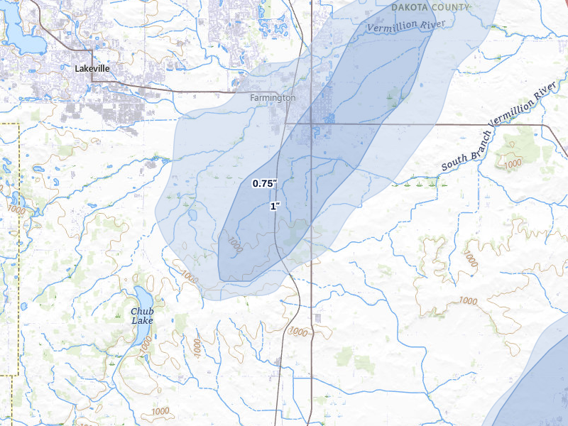 NEXRAD radar-signature map of the hail over Farmington, MN