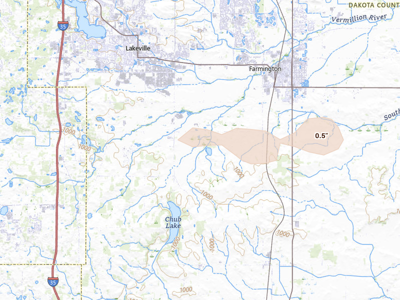 Radar-estimated hail-size map of the storm over Farmington, MN on Aug 8, 2026