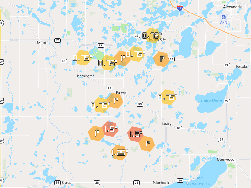 Hail map of Farwell, MN on Jun 30, 2026, hail up to 1.5"