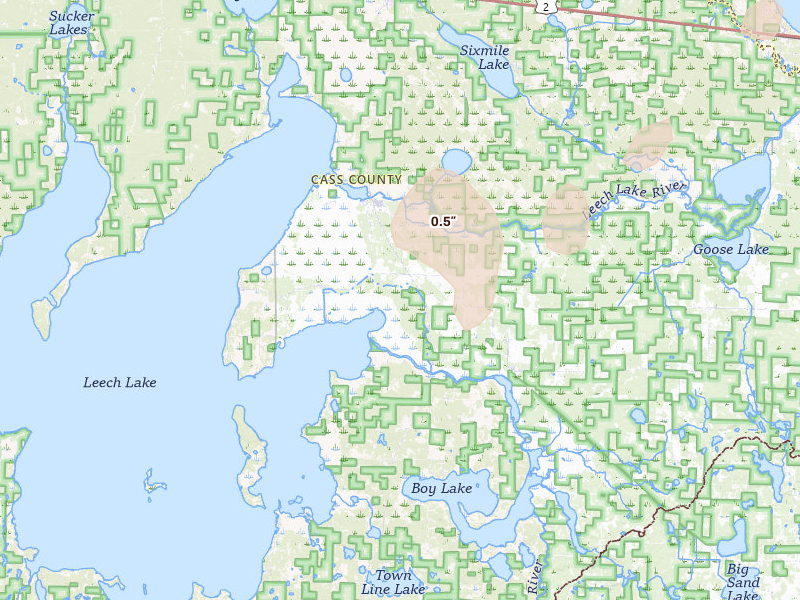 Radar-estimated hail-size map of the storm over Federal Dam, MN on Aug 3, 2026