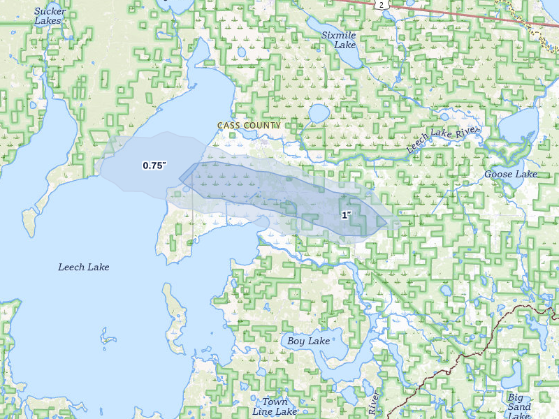 NEXRAD radar-signature map of the hail storm over Federal Dam, MN on Aug 6, 2026