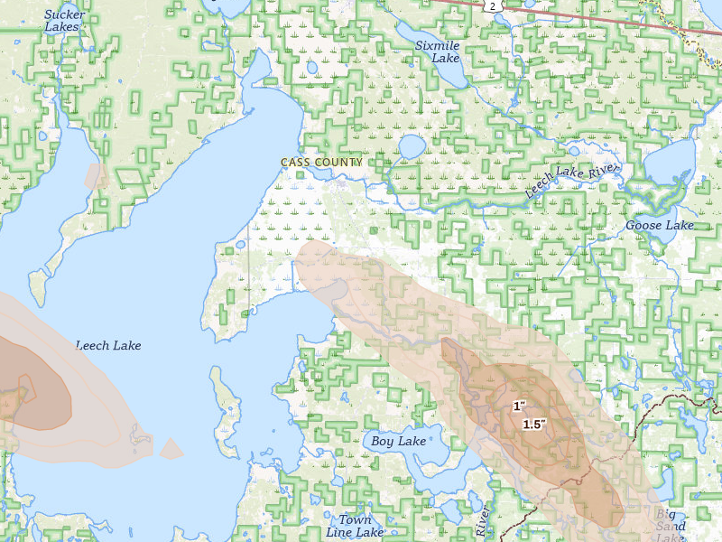 Radar-estimated hail-size map of the storm over Federal Dam, MN on Aug 20, 2026