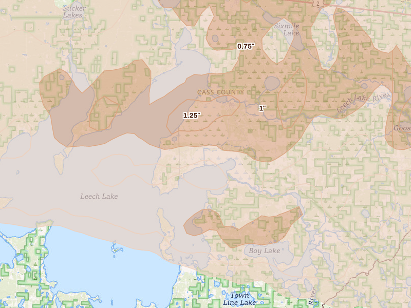 Radar-estimated hail-size map of the storm over Federal Dam, MN on Sep 3, 2026