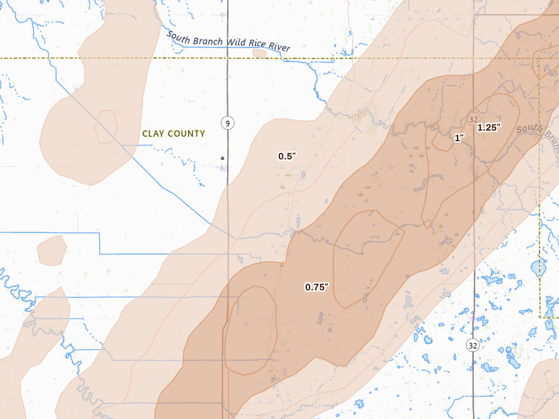 Radar-estimated hail-size map of the storm over Felton, MN on Jun 29, 2026