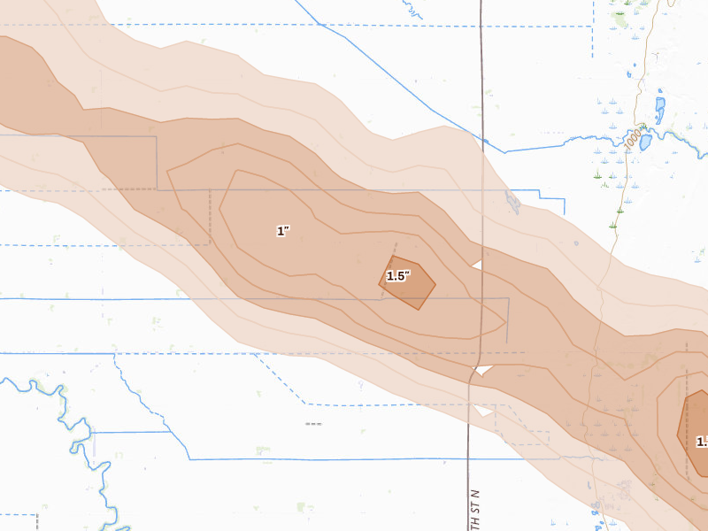 Radar-estimated hail-size map of the storm over Felton, MN on Aug 17, 2026