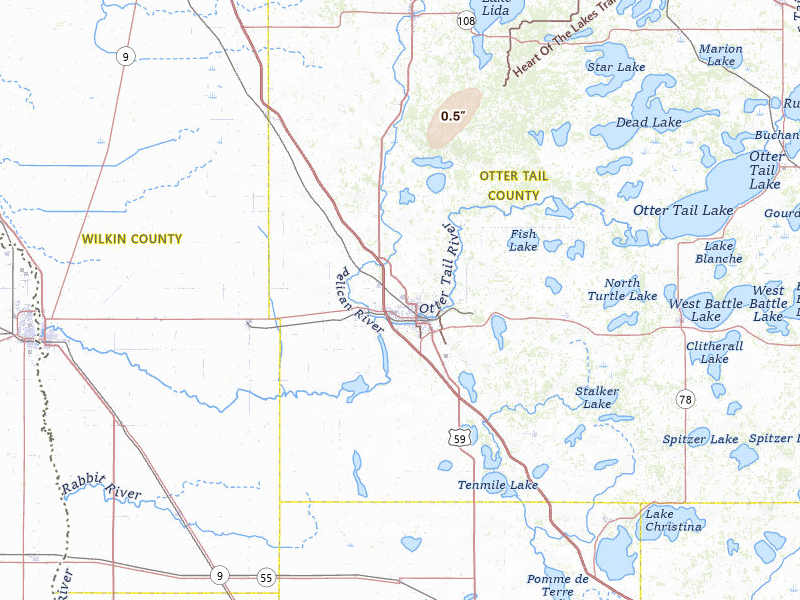 Radar-estimated hail-size map of the storm over Fergus Falls, MN on Jun 8, 2026