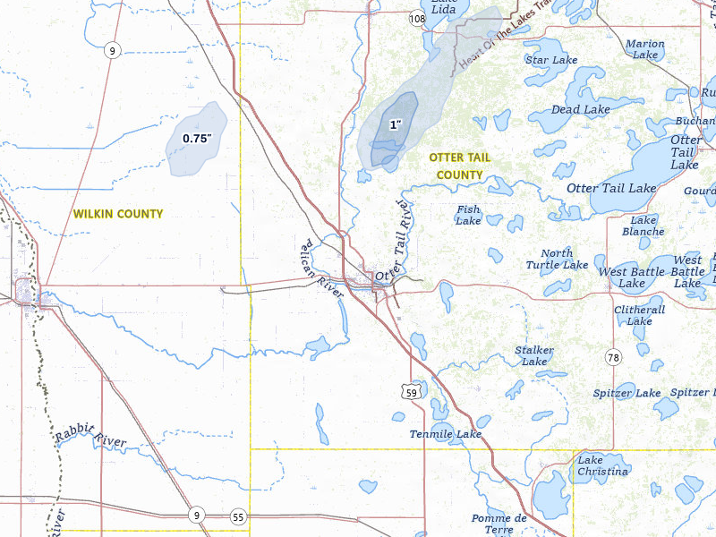 NEXRAD radar-signature map of the hail storm over Fergus Falls, MN on Jun 8, 2026