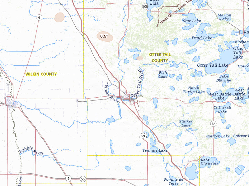 Radar-estimated hail-size map of the storm over Fergus Falls, MN on Jun 19, 2026