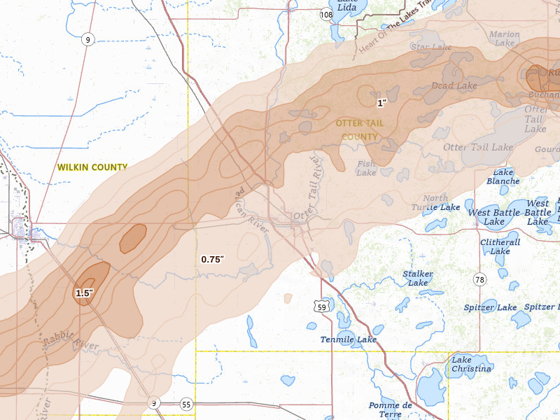 Radar-estimated hail-size map of the storm over Fergus Falls, MN on Jun 29, 2026