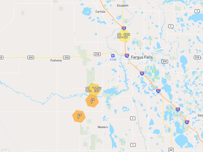 Hail map of Fergus Falls, MN on Jun 30, 2026, hail up to 1"