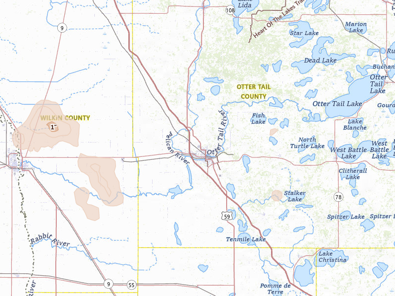 Radar-estimated hail-size map of the storm over Fergus Falls, MN on Jul 3, 2026