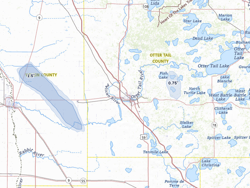 NEXRAD radar-signature map of the hail storm over Fergus Falls, MN on Jul 3, 2026