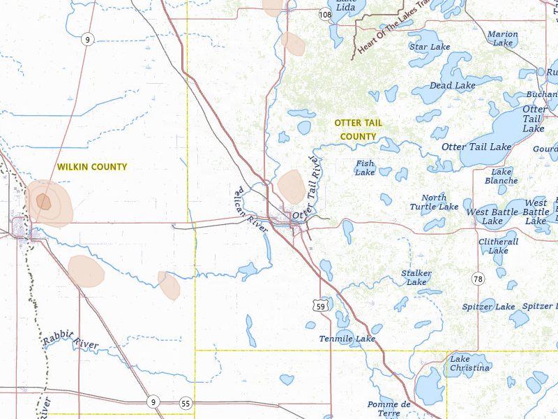 Radar-estimated hail-size map of the storm over Fergus Falls, MN on Jul 4, 2026