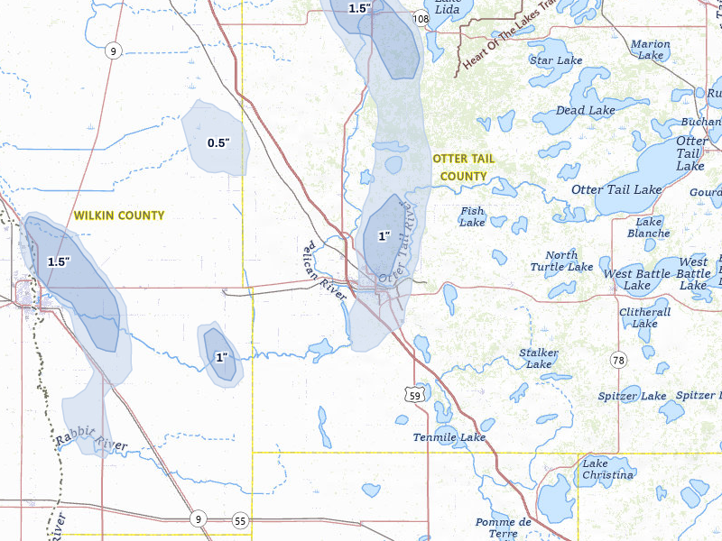 NEXRAD radar-signature map of the hail over Fergus Falls, MN