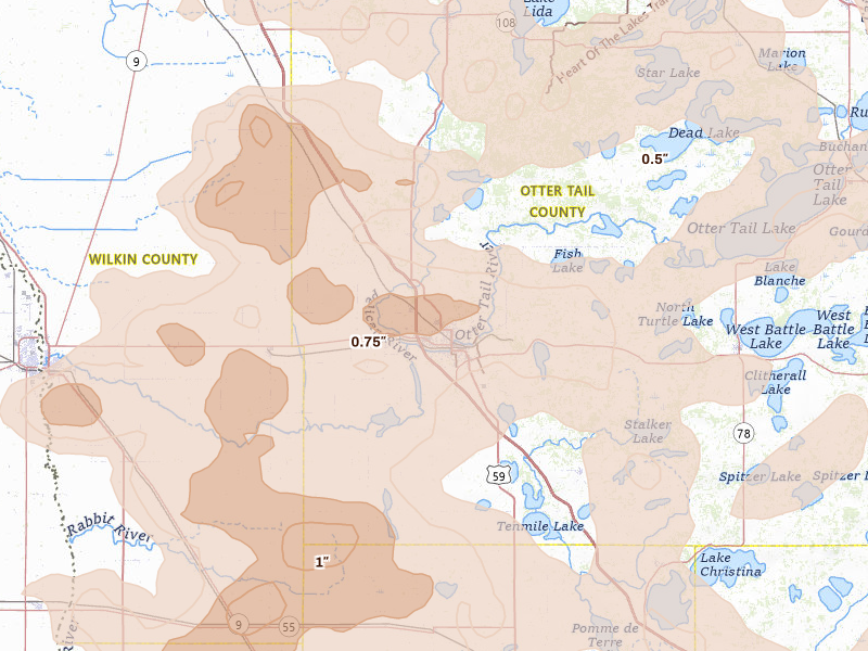 Radar-estimated hail-size map of the storm over Fergus Falls, MN on Jul 6, 2026