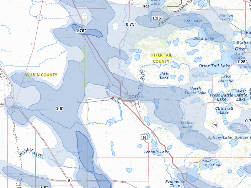 NEXRAD radar-signature map of the hail storm over Fergus Falls, MN on Jul 6, 2026