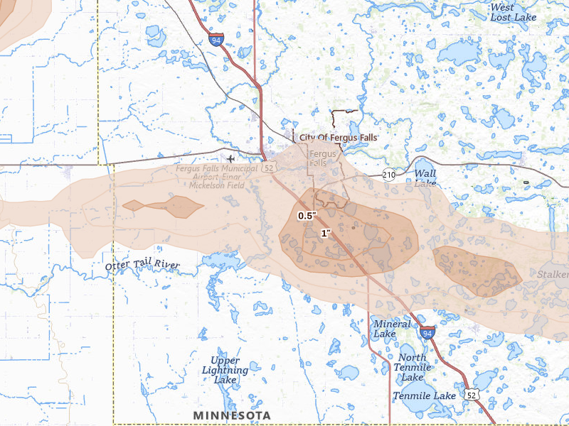Radar-estimated hail-size map of the storm over Fergus Falls, MN