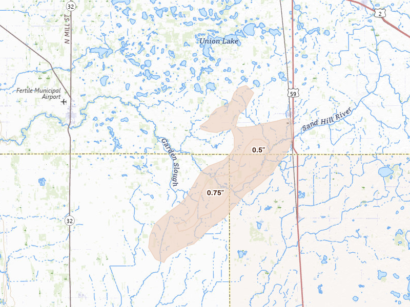 Radar-estimated hail-size map of the storm over Fertile, MN on Jun 8, 2026