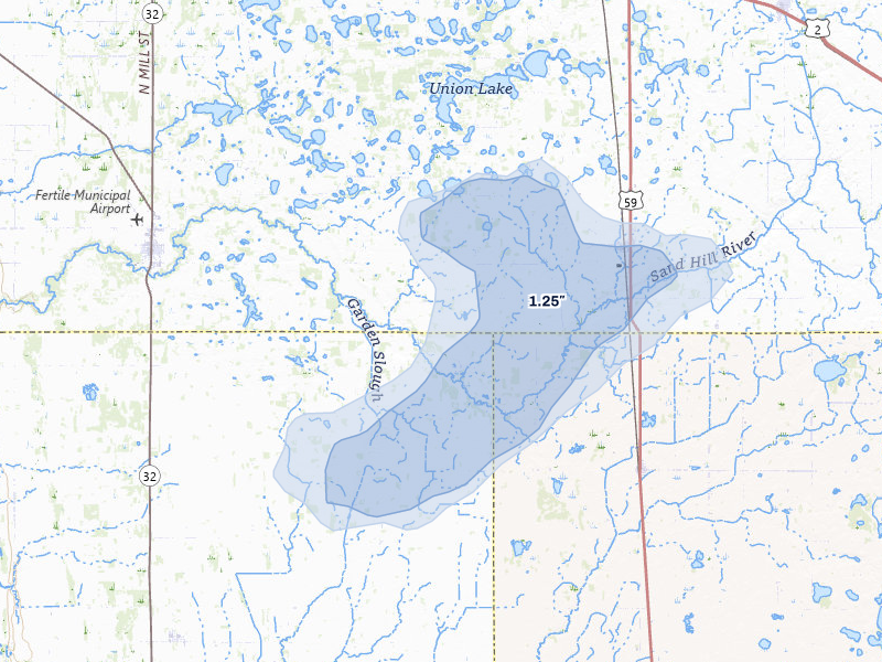 NEXRAD radar-signature map of the hail storm over Fertile, MN on Jun 8, 2026