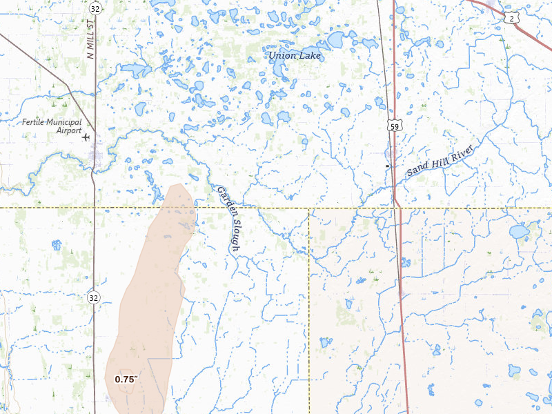 Radar-estimated hail-size map of the storm over Fertile, MN on Jun 10, 2026