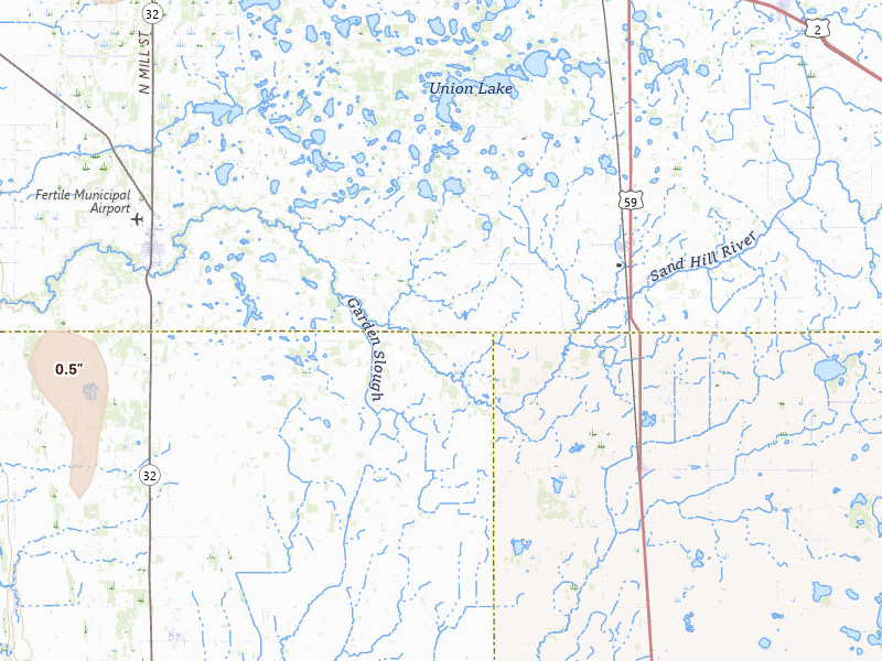 Radar-estimated hail-size map of the storm over Fertile, MN on Jul 4, 2026