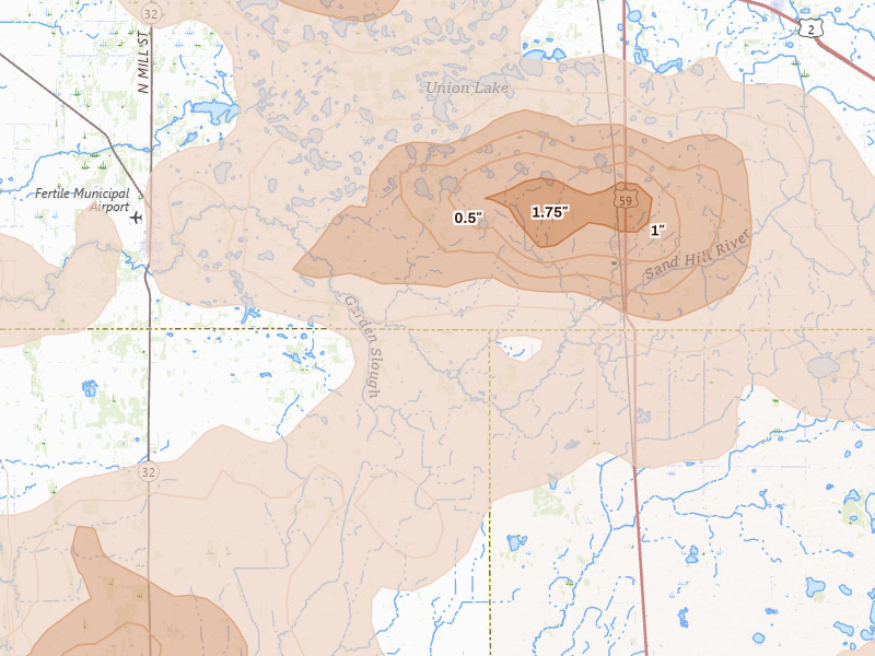 Radar-estimated hail-size map of the storm over Fertile, MN on Jul 6, 2026