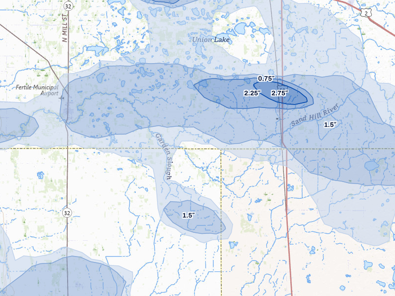 NEXRAD radar-signature map of the hail storm over Fertile, MN on Jul 6, 2026