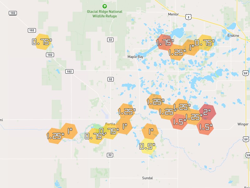 Hail map of Fertile, MN on Jul 6, 2026, hail up to 2"