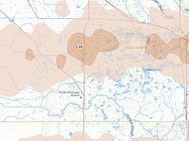 Radar-estimated hail-size map of the storm over Fertile, MN
