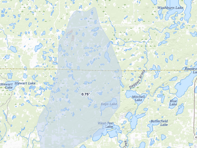 NEXRAD radar-signature map of the hail over Fifty Lakes, MN