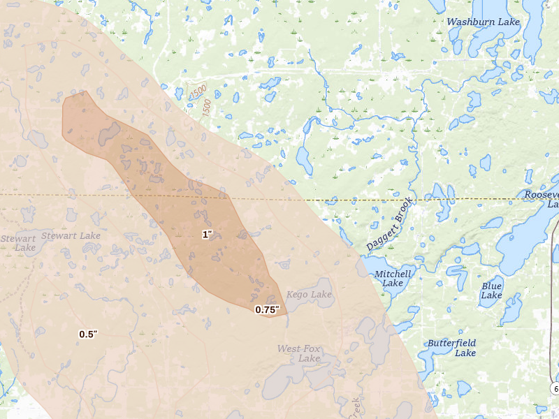 Radar-estimated hail-size map of the storm over Fifty Lakes, MN on Aug 20, 2026