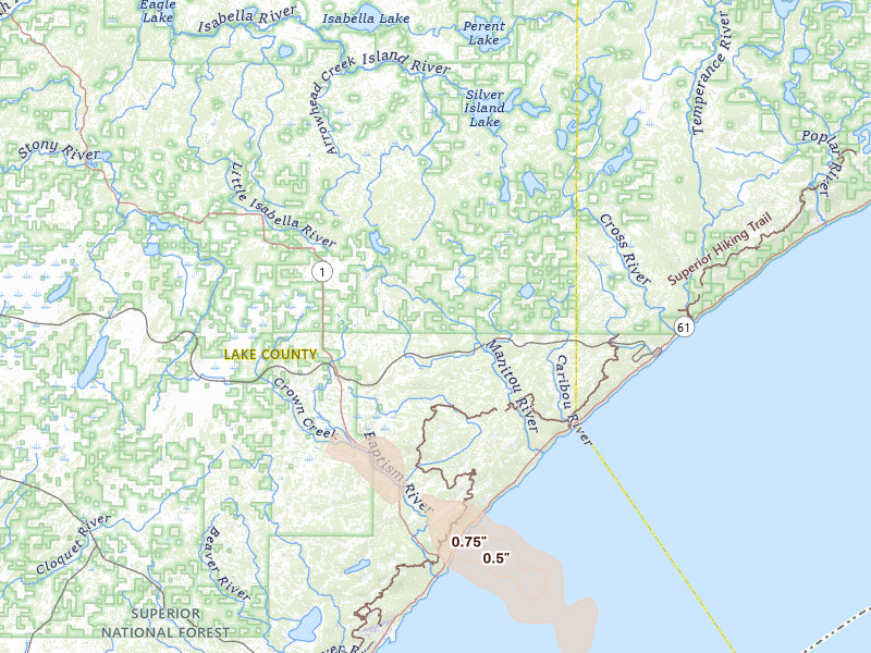 Radar-estimated hail-size map of the storm over Finland, MN on May 25, 2026