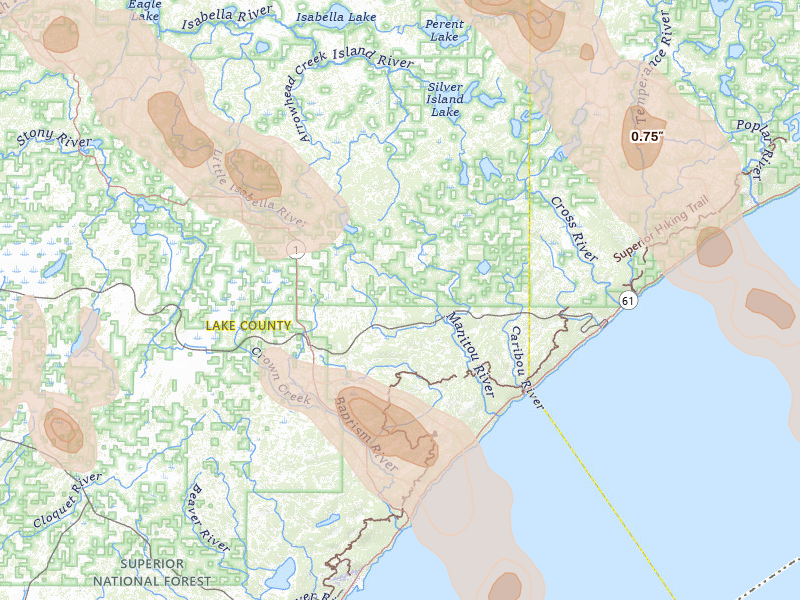Radar-estimated hail-size map of the storm over Finland, MN on Jul 26, 2026