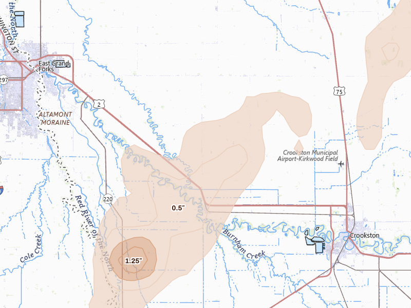 Radar-estimated hail-size map of the storm over Fisher, MN on Jun 29, 2026
