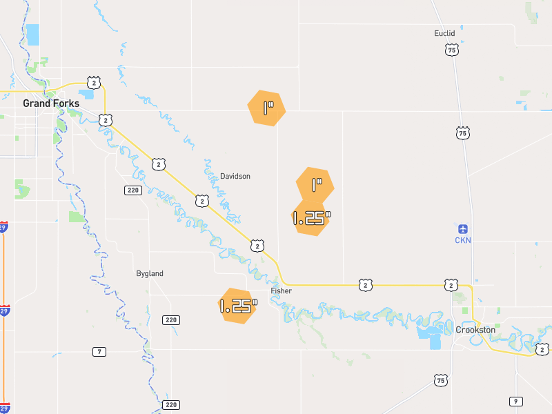 Hail map of Fisher, MN on Jun 30, 2026, hail up to 1.25"