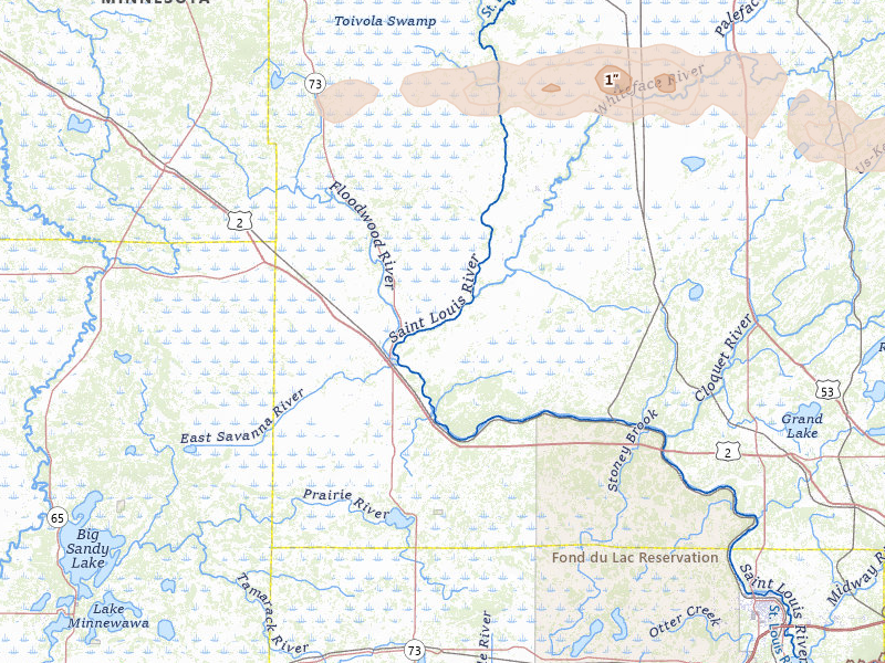 Radar-estimated hail-size map of the storm over Floodwood, MN on Apr 12, 2026