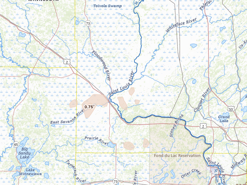 Radar-estimated hail-size map of the storm over Floodwood, MN on Jun 4, 2026