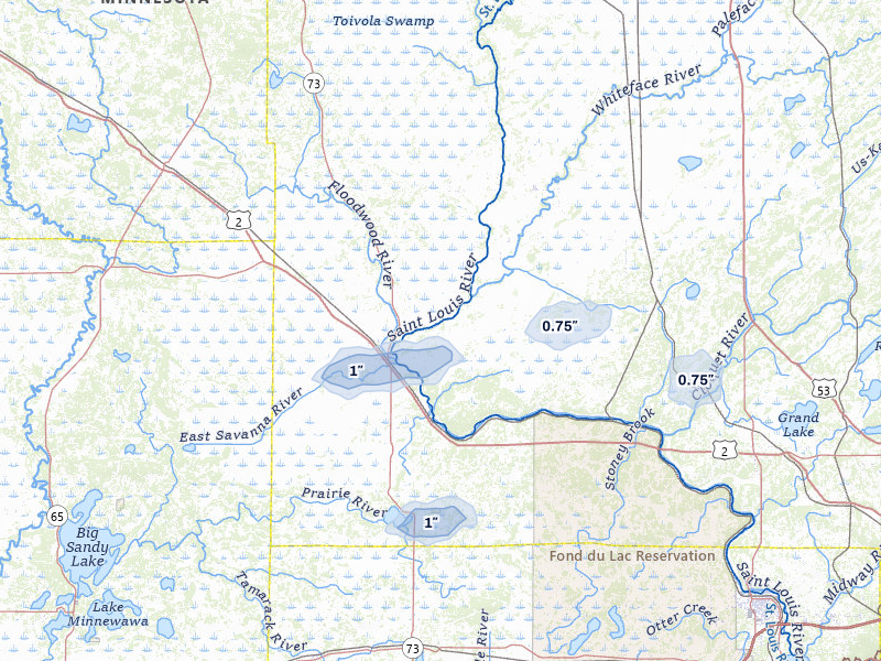 NEXRAD radar-signature map of the hail over Floodwood, MN