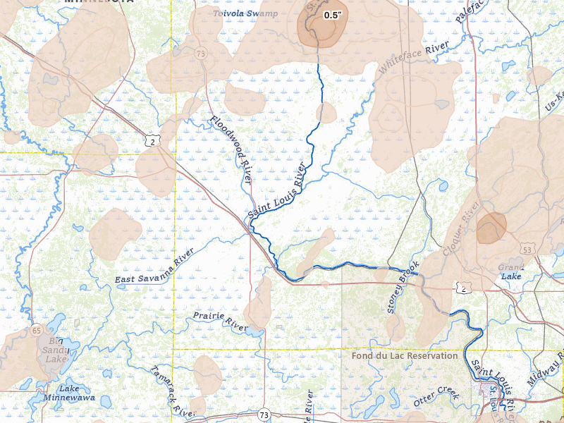 Radar-estimated hail-size map of the storm over Floodwood, MN on Jun 29, 2026