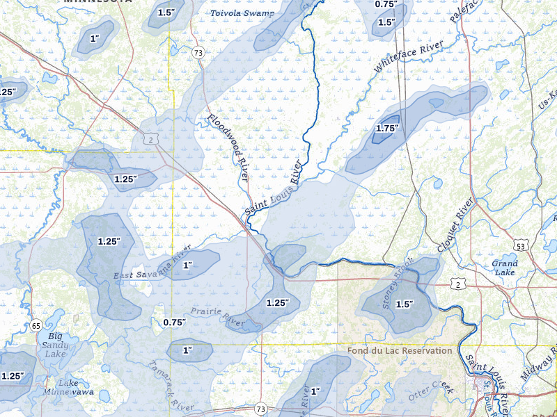 NEXRAD radar-signature map of the hail storm over Floodwood, MN on Jun 29, 2026