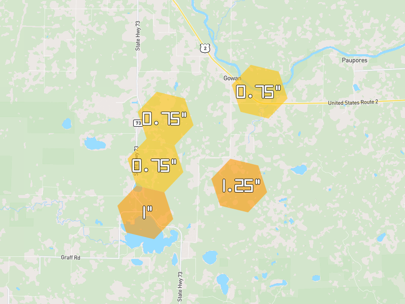 Hail map of Floodwood, MN on Jun 30, 2026, hail up to 1.25"
