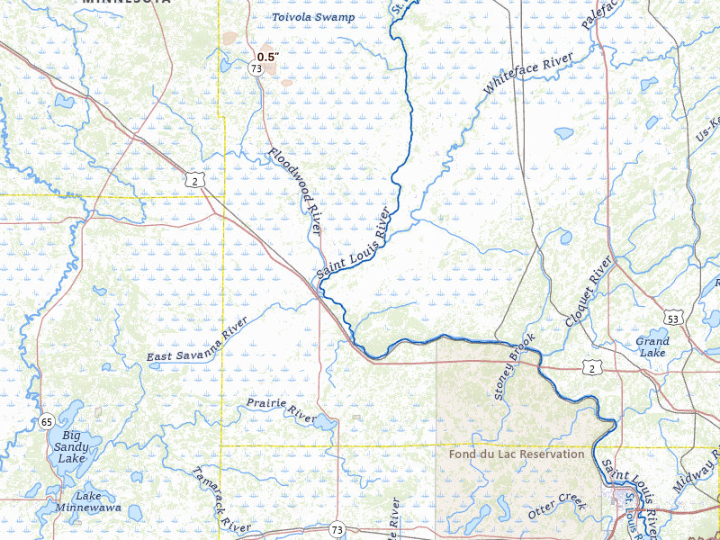 Radar-estimated hail-size map of the storm over Floodwood, MN on Jul 29, 2026