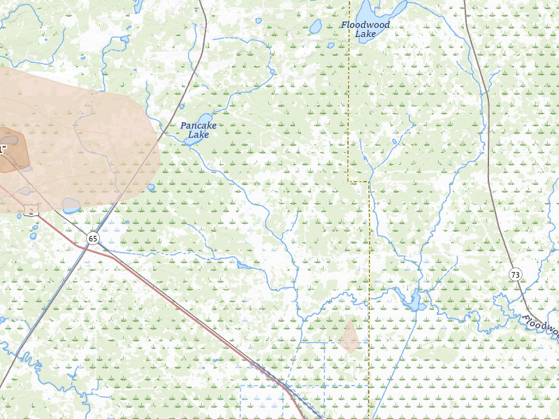 Radar-estimated hail-size map of the storm over Floodwood, MN on Aug 25, 2026