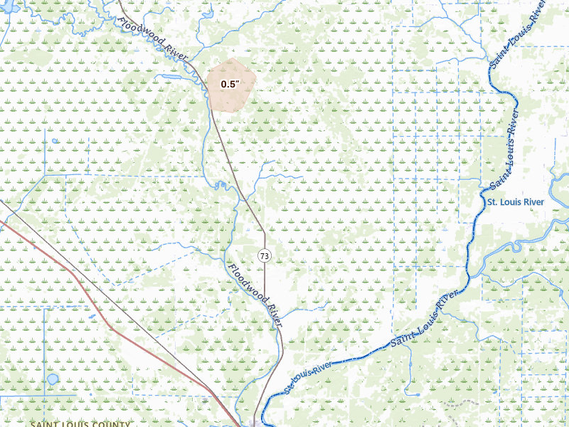 Radar-estimated hail-size map of the storm over Floodwood, MN on Aug 30, 2026